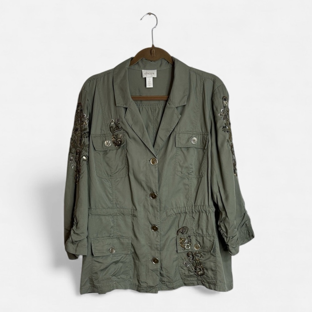 Chico's Khaki Embroidered Jacket Large Cottagecore Boho